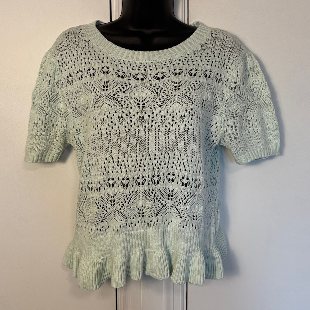LC Lauren Conrad Light Green Airy Lace Knit short sleeve sweater large.